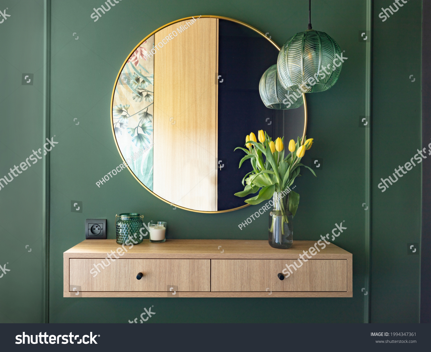 Dressing table with elegant round mirror. Interior design and home staging #1994347361