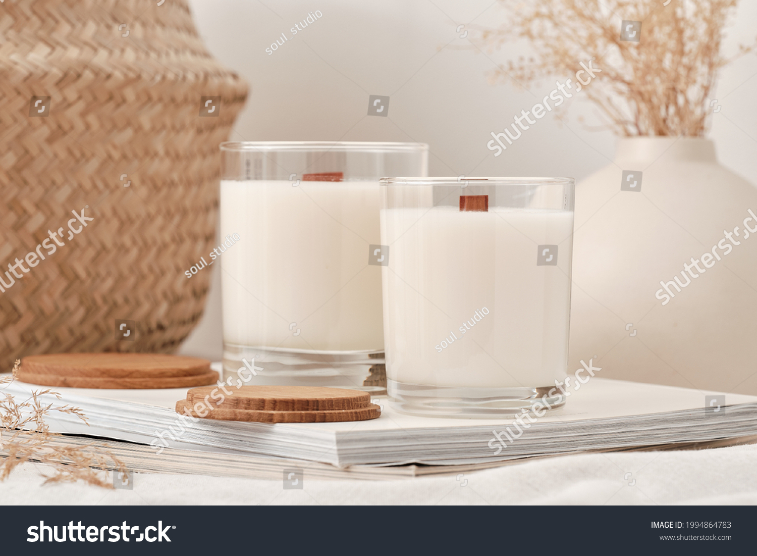 Handmade scented candles in a glass with a wooden lid. Soy wax candles with a wooden wick. #1994864783