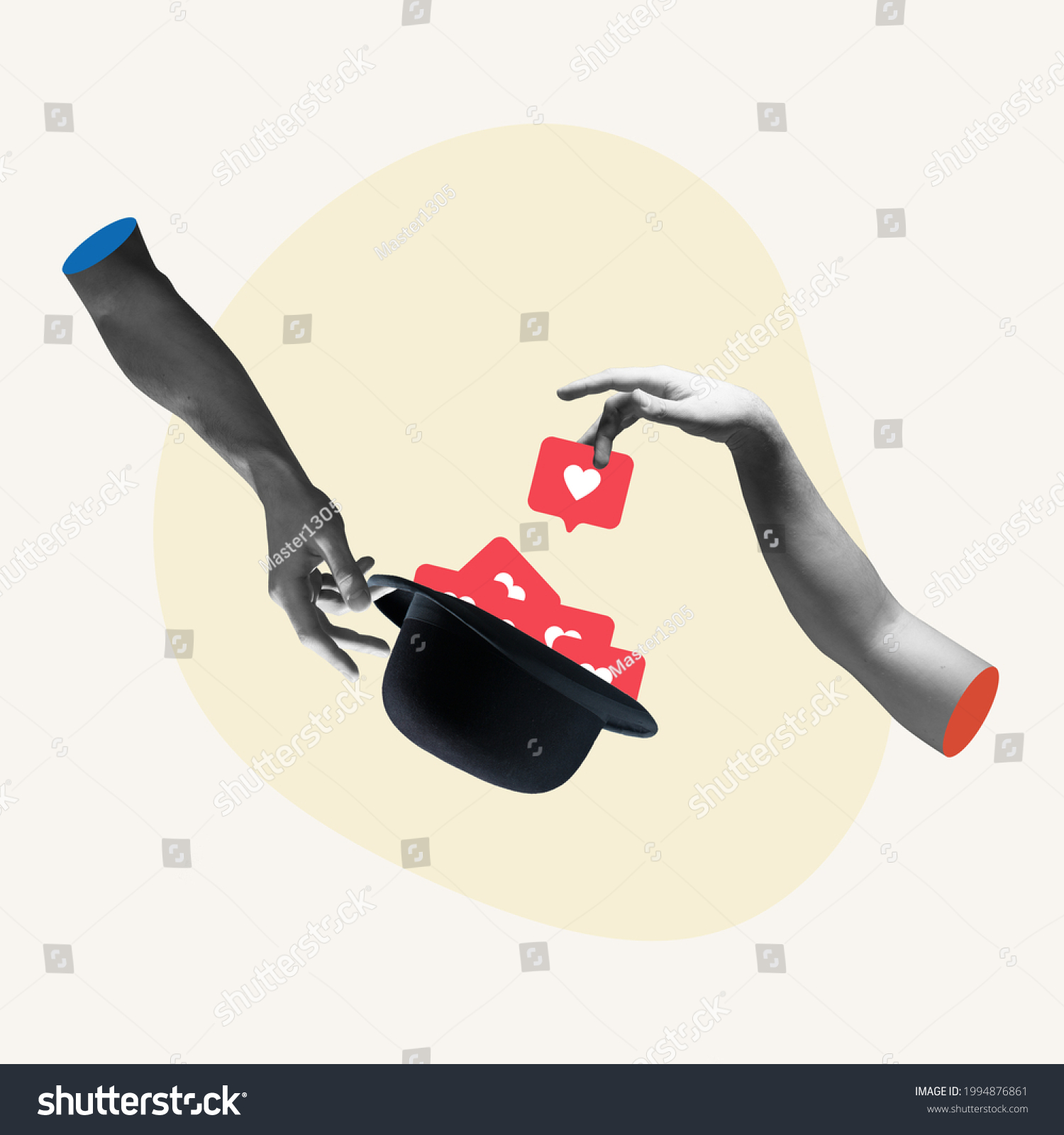 Modern gadget and classic hat. Hands aesthetic on bright background, artwork. Concept of human relation, community, togetherness, symbolism, surrealism. Likes in phone as approval symbol #1994876861