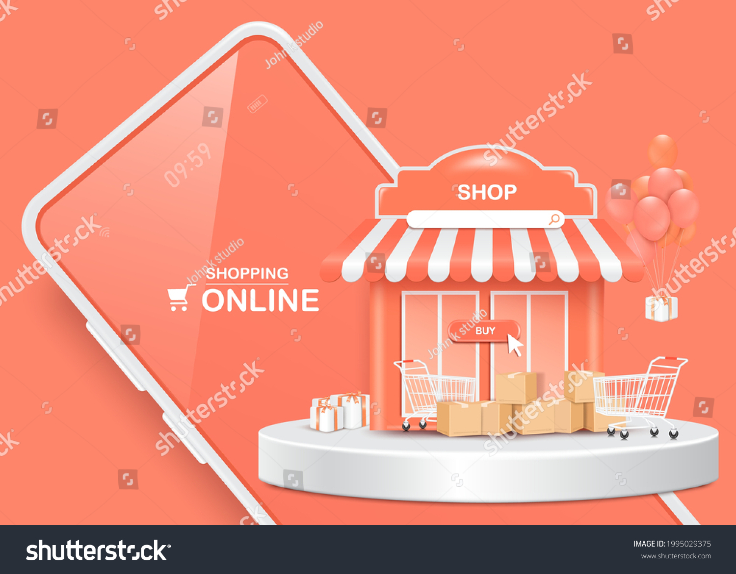 Gift boxes, parcel boxes, shopping carts, and shops and all object is on a smartphone for delivery and shopping online concept,vector 3d isolated on pastel pink background #1995029375