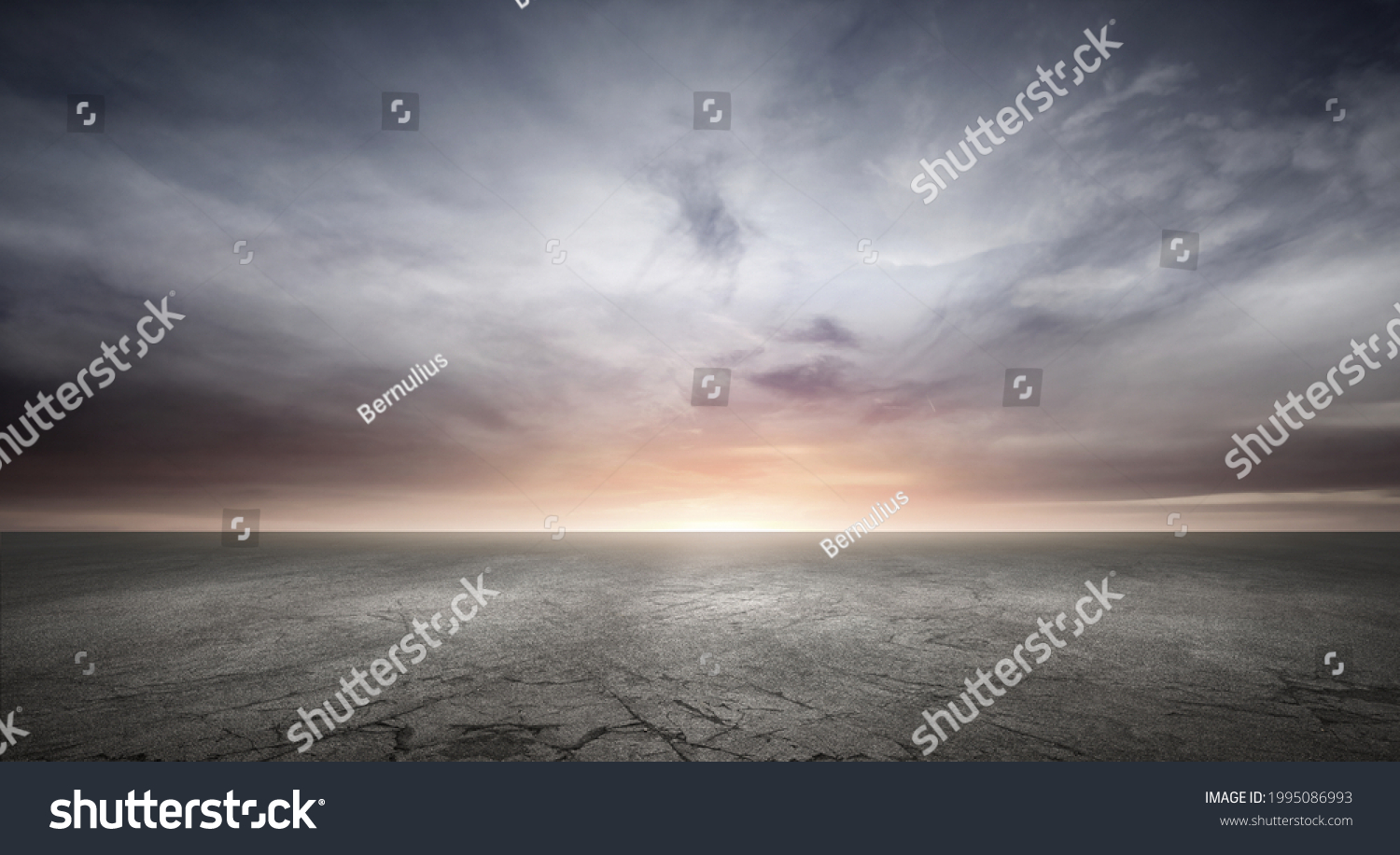 Dark Concrete Floor Background with Dramatic Sky Clouds and Sunset Horizon #1995086993