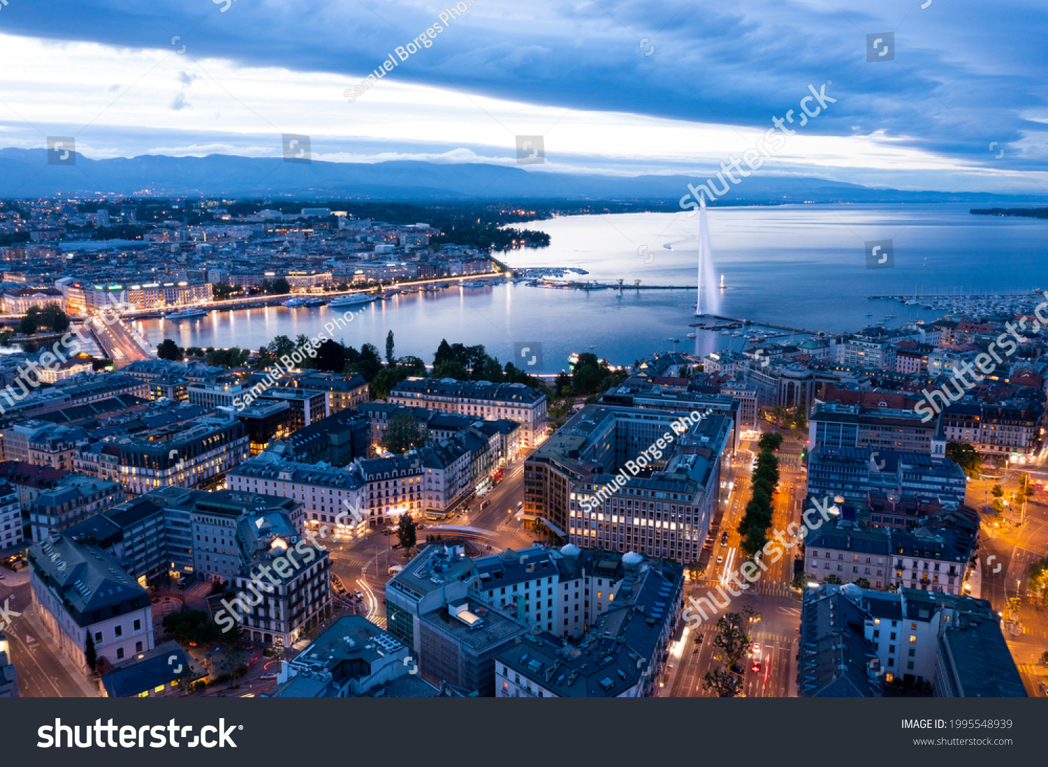 Aerial  night view of Geneva city waterfront skyline in Switzerland #1995548939
