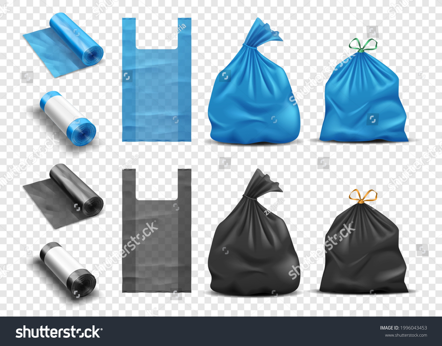 Realistic plastic bags for garbage set. Package for trash and rubbish with handle, full trashbag and packet rolls disposable pack. Vector illustration #1996043453