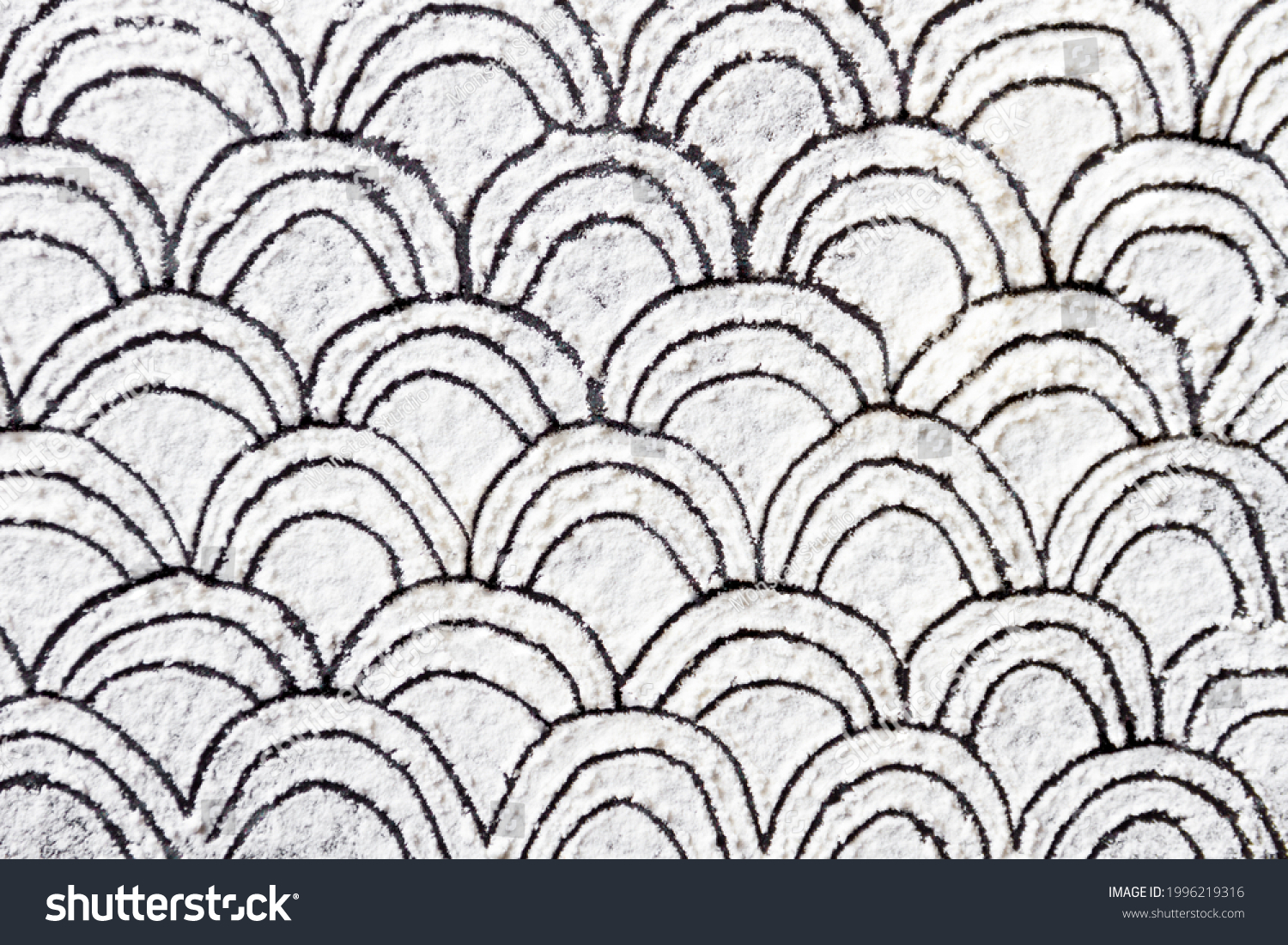 Hand drawn geometric pattern ornament printed on white flour, sand, powder. Bakery background design template mockup. Black and white package design. Abstract grainy texture. Minimalist wallpaper. #1996219316