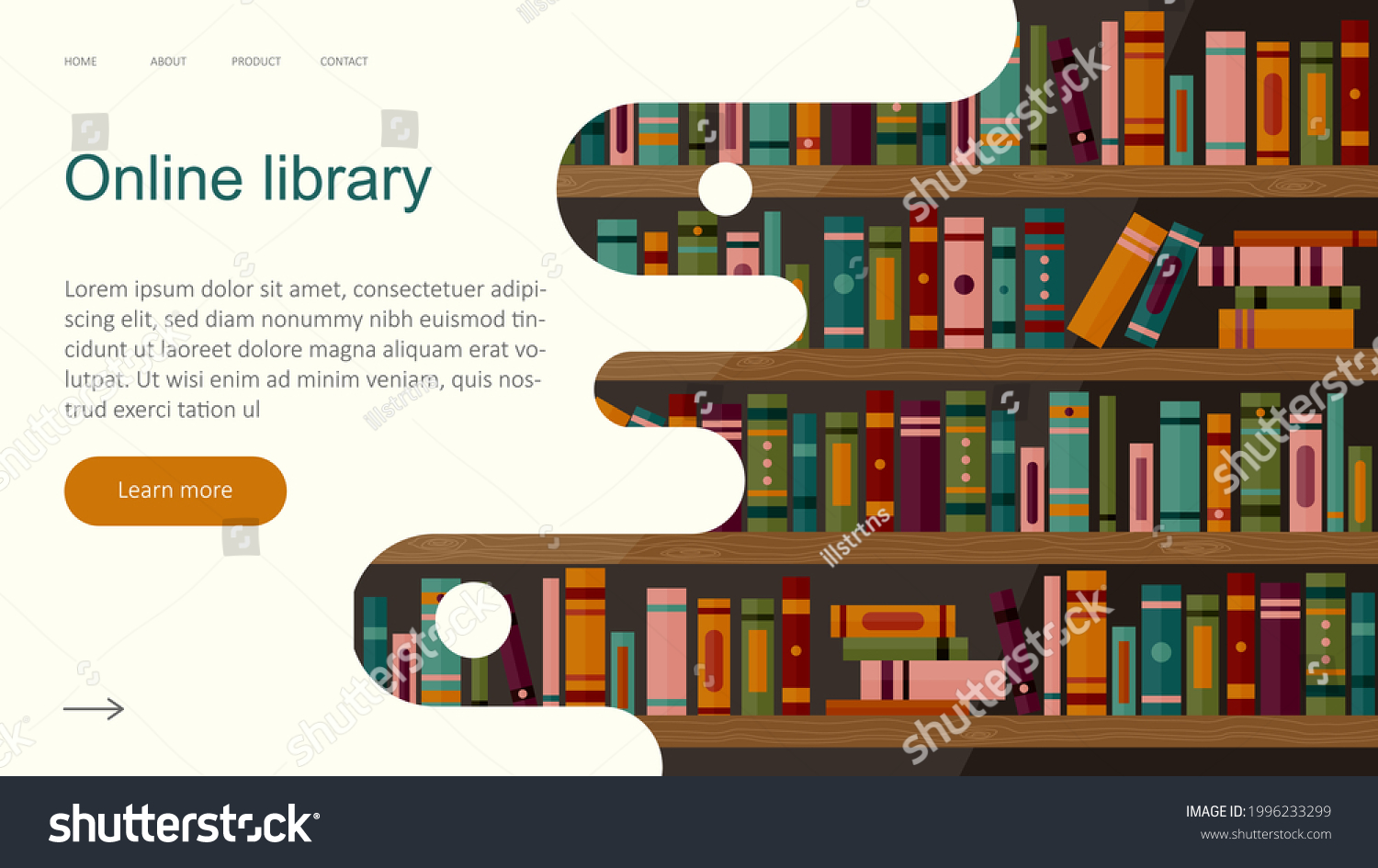 Online library app for reading, banner, website template. Electronic book store application on background with bookshelves, digital technologies in education. Vector graphic. #1996233299