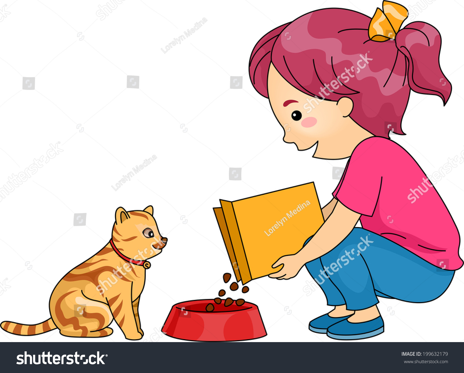 Illustration Of A Little Girl Feeding Her Cat - Royalty Free Stock ...