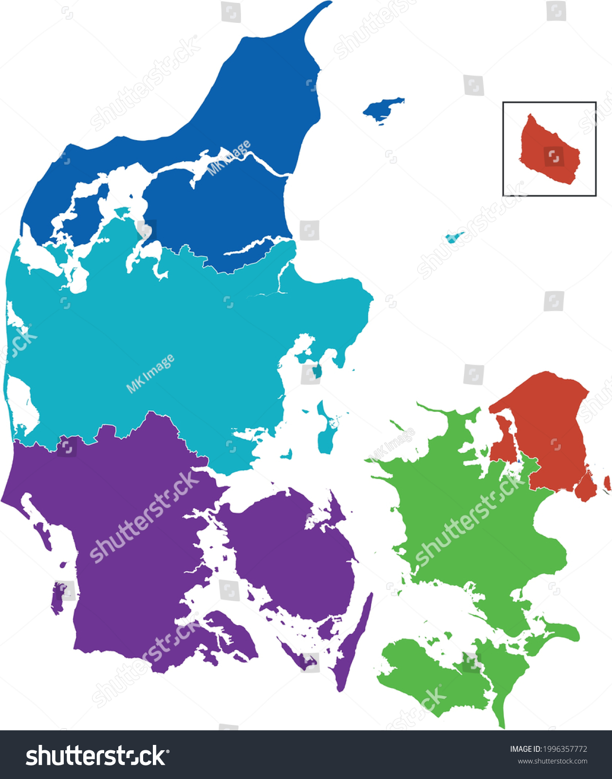 Map of the 5 administrative regions in Denmark - Royalty Free Stock ...