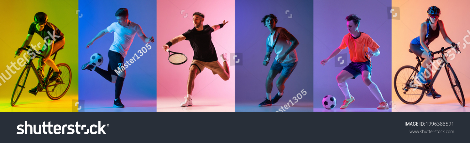 Soccer football, cycling, tennis athletics. Collage of professional sportsmen in action and motion isolated on multicolored background in neon light. Flyer. Advertising, sport life concept #1996388591