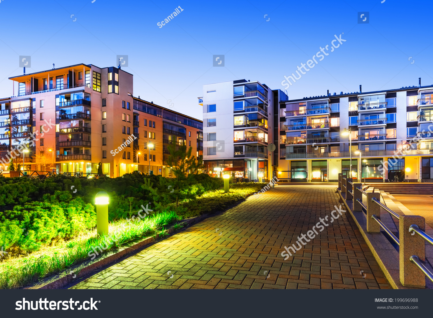 House building and city construction concept: evening outdoor urban view of modern real estate homes #199696988