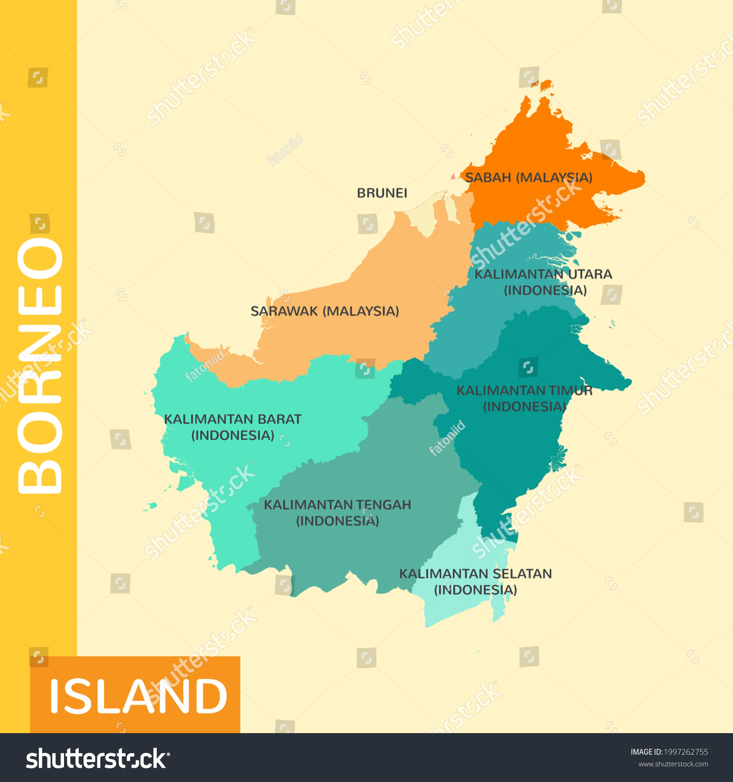 Color map of the island of borneo and its administrative areas #1997262755