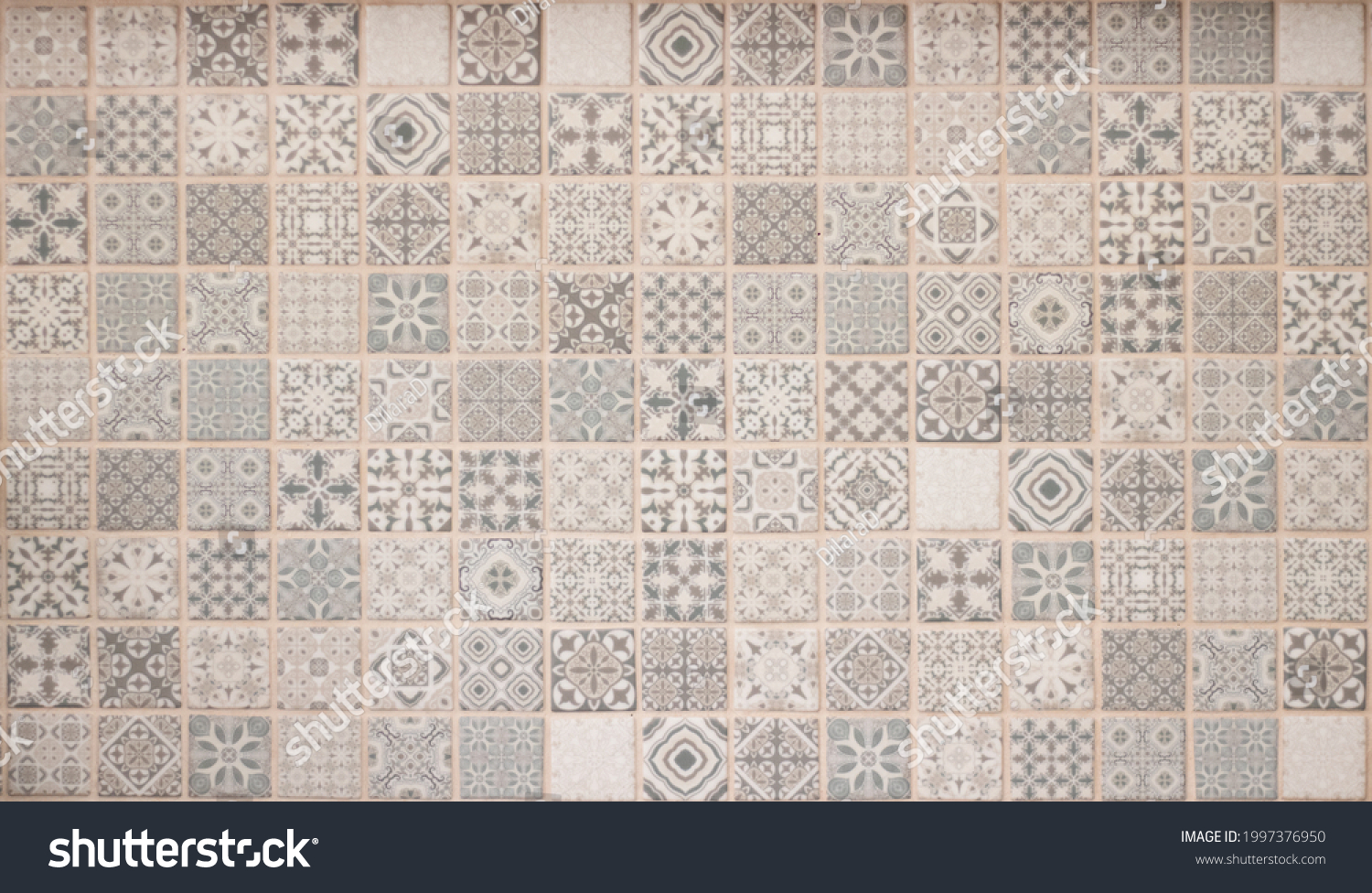 Vintage kitchen mosaic. Green, square wall tiles. Decorative wall texture. Seamless wall pattern. Interior design element. Geometric ceramic mosaics on bathroom wall. Stylish interior tiles. #1997376950