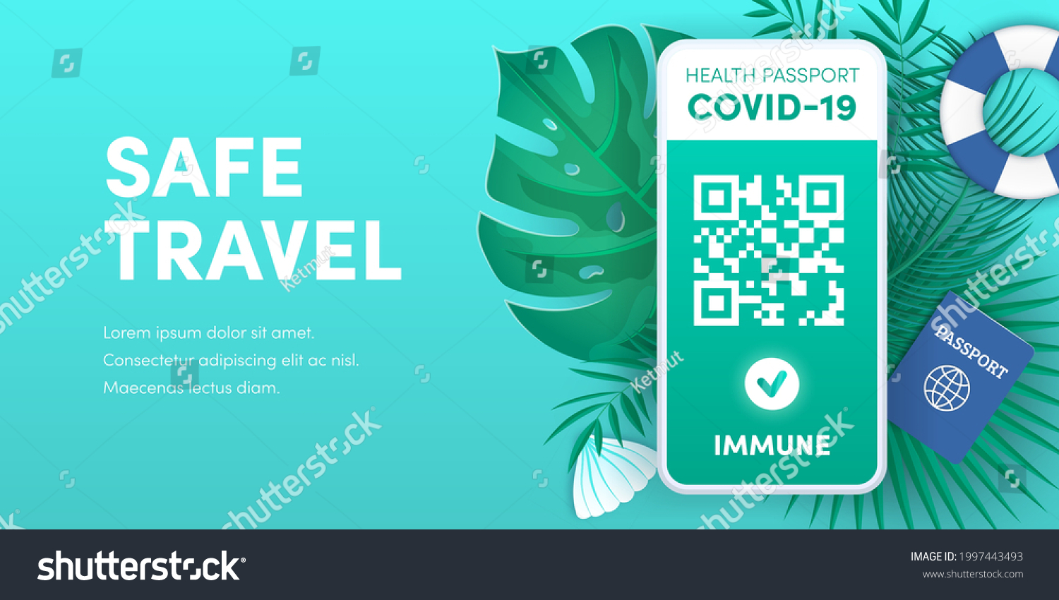Health pass app for safe travel. Electronic Covid-19 immunity passport QR code on smartphone screen vector banner. Vaccination or negative coronavirus test green valid certificate on mobile phone. #1997443493