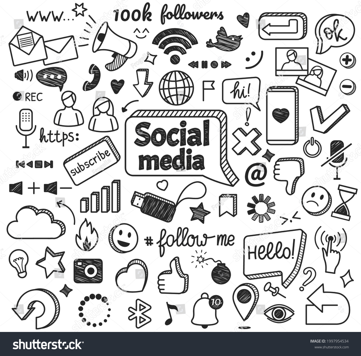 Social media doodles. Hand drawn internet and network sketch symbols. Digital marketing, blogging, online communication doodle sign vector set. Message or chat icons with sta, cloud, smile #1997954534