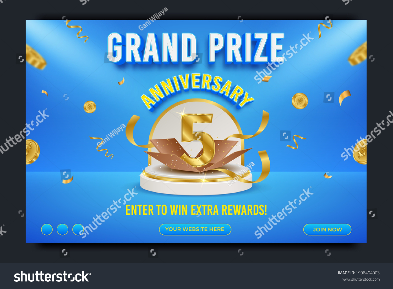 Grand prize anniversary horizontal banner template, realistic podium and flying gold coin, vector illustration. #1998404003