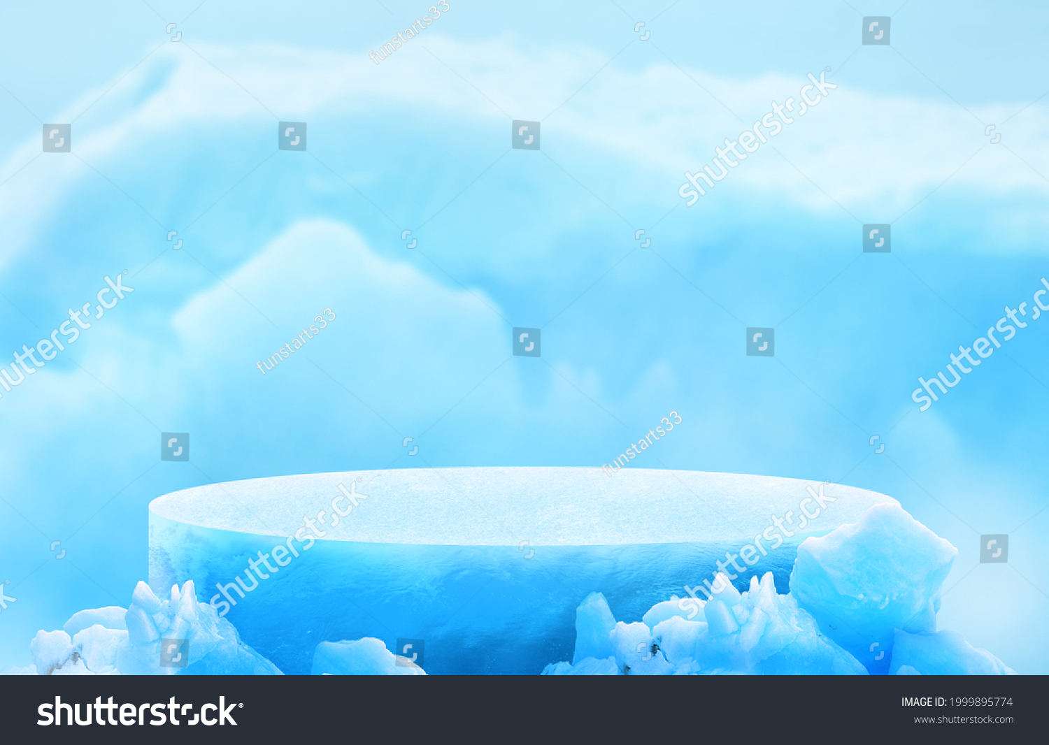 Glacier ice podium for mockup display or presentation of products. Advertising theme concept. #1999895774
