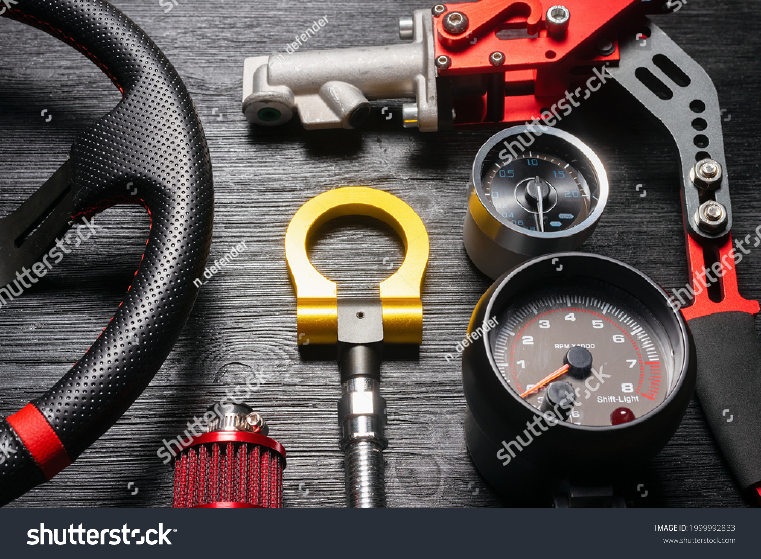 Sport car tuning gear concept flat lay background with copy space. Motorsport automobile equipment. #1999992833
