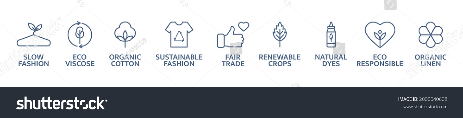Sustainable clothes line icon set. Eco viscose product logo. Slow fashion badge. Organic cotton, natural dyes, renewable crop label. Fair trade. Conscious development. Vector illustration. #2000040608