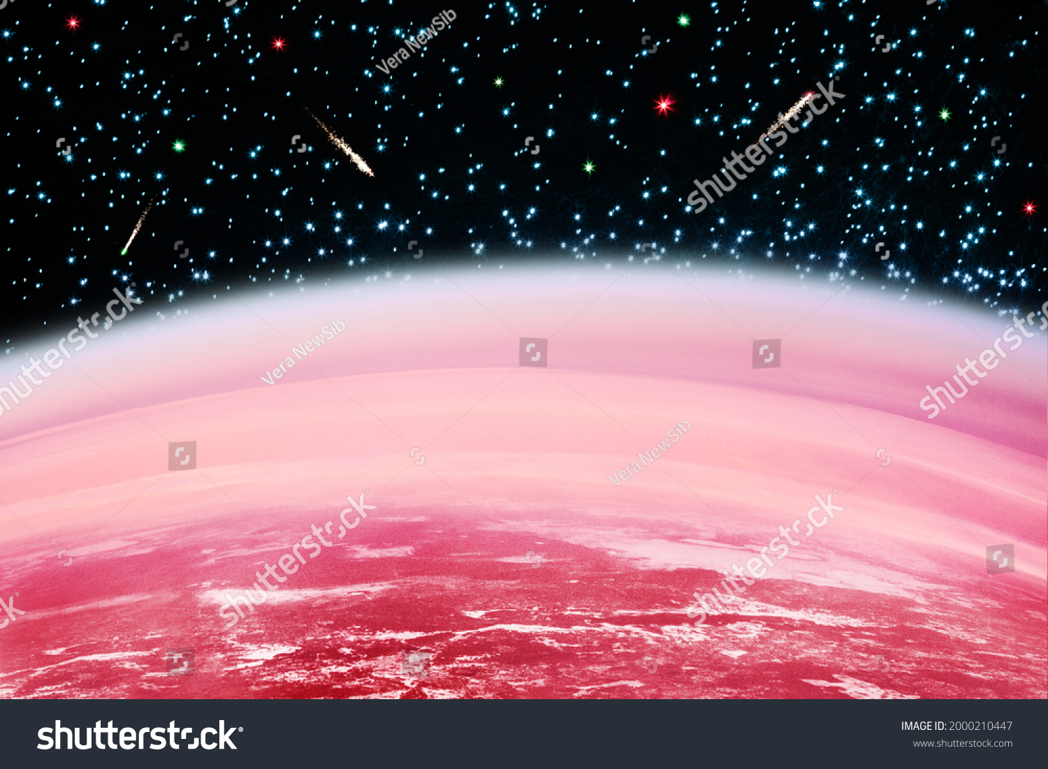 Cosmos landscape, red planet surface, dark black sky, bright shiny stars, flying comets, Mars horizon, celestial body, abstract alien galaxy, cosmic view, fantasy outer space illustration, universe #2000210447