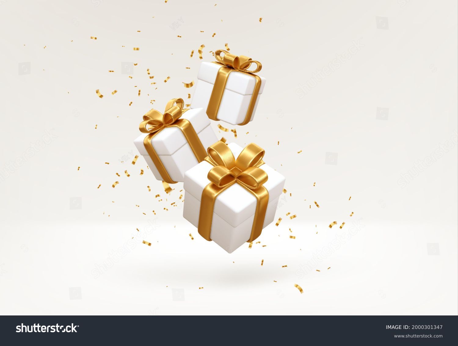 Merry New Year and Merry Christmas 2022 white gift boxes with golden bows and gold sequins confetti on white background. Gift boxes flying and falling. Vector illustration EPS10 #2000301347
