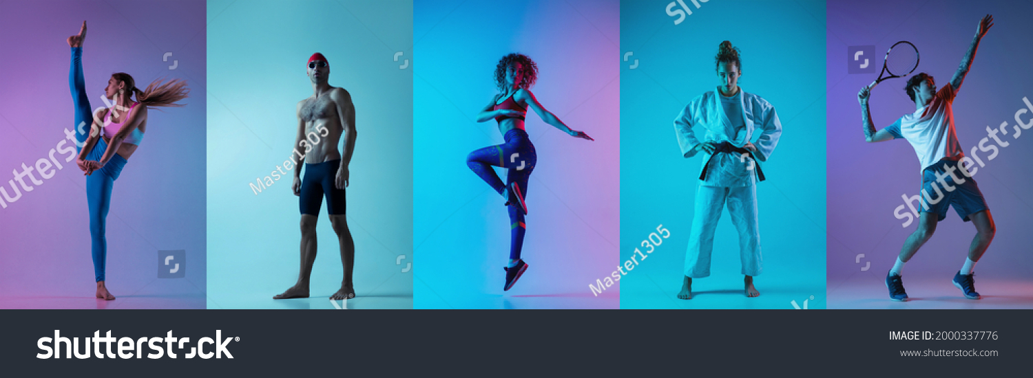 Gymnastics, fitness, swimming, judo. Collage of different professional male and female sportsmen isolated on multicolored background in neon light at studio. Flyer. Advertising concept #2000337776