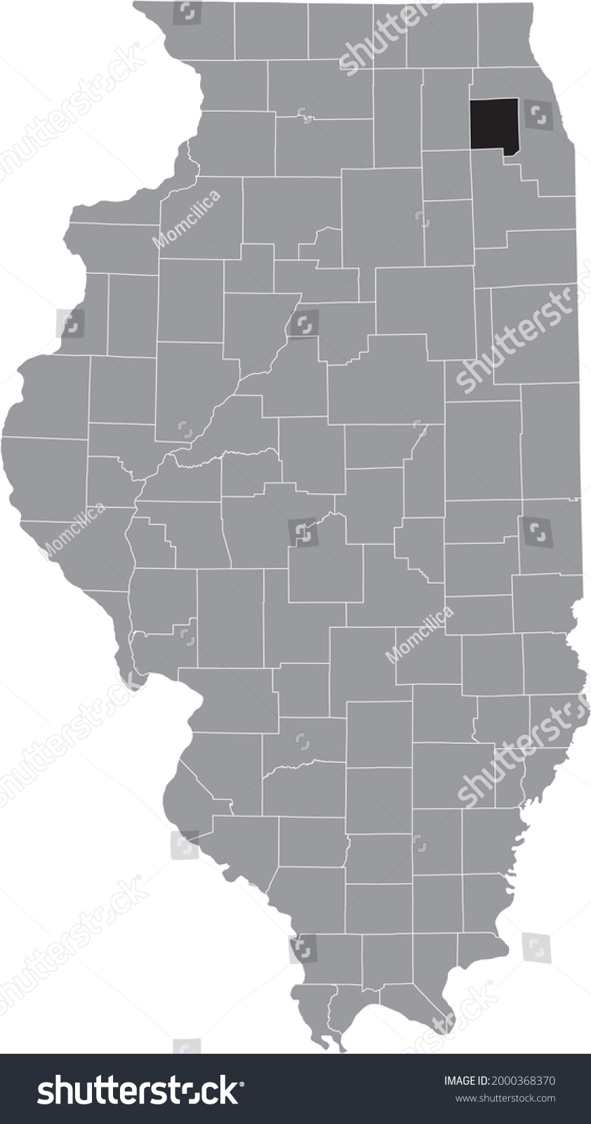 Black highlighted location map of the Illinoisan DuPage County inside gray map of the Federal State of Illinois, USA #2000368370