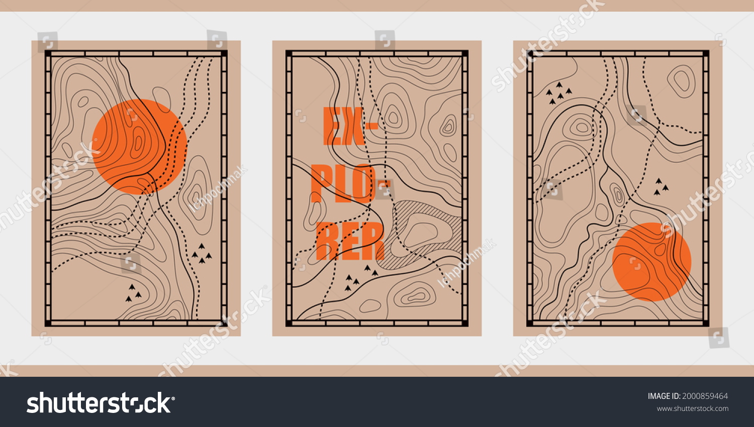 A set of three minimalist illustrations with the relief of mountains, terrain. Vintage posters with topography, map. Thin line backgrounds in warm colors for hikers, climbers, tourists, explorers. #2000859464