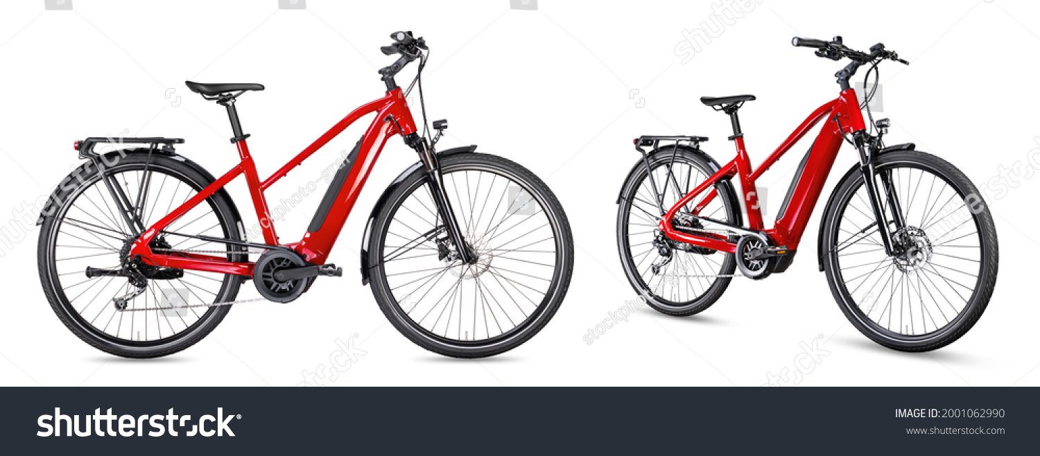 red modern mid drive motor city touring or trekking e bike pedelec with electric engine middle mount. battery powered ebike isolated on white background. Innovation transportation concept. #2001062990