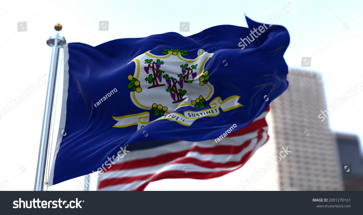 The flags of the Connecticut state and United States of America waving in the wind. Democracy and independence. American state. #2001270161