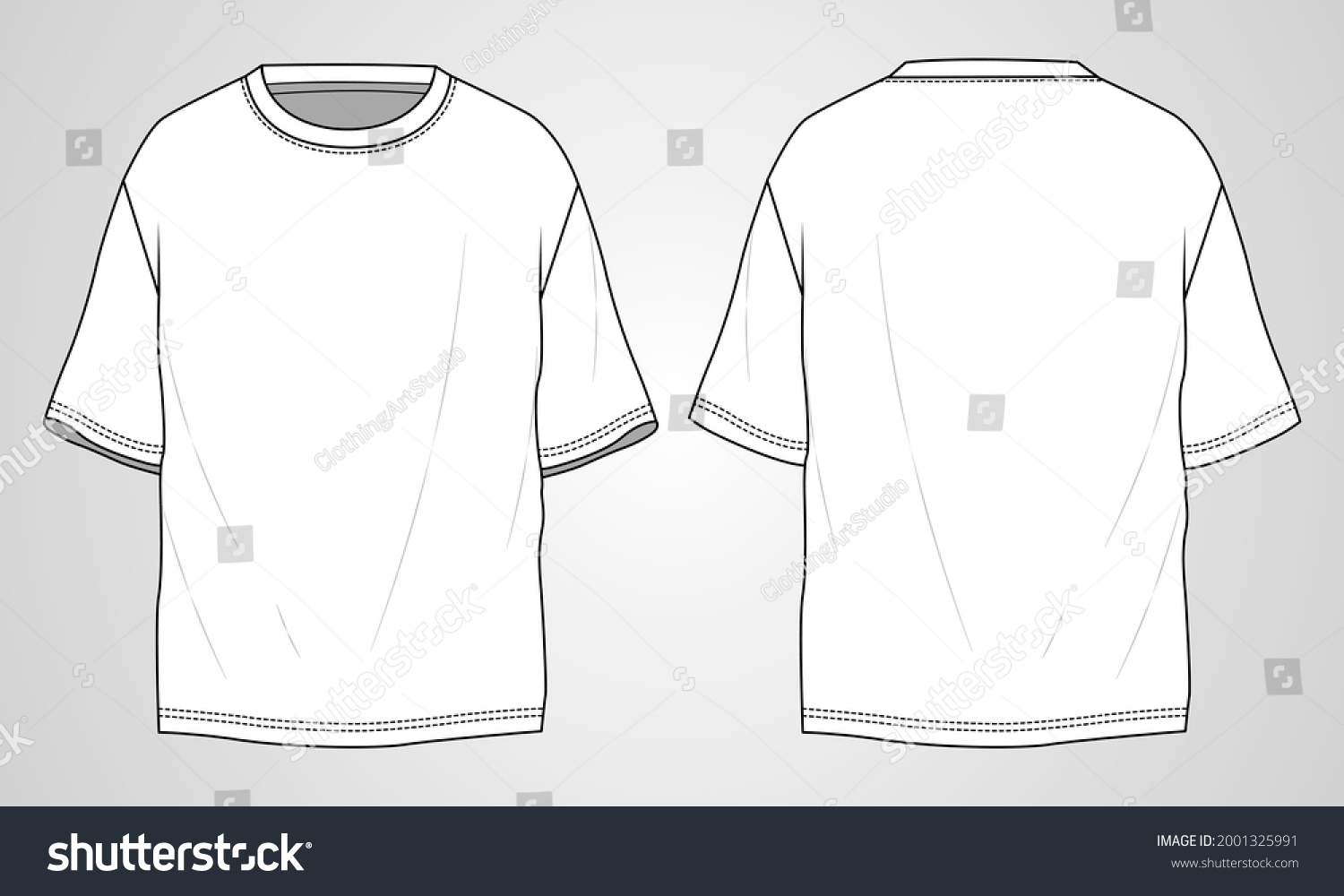 T-shirt technical Sketch fashion Flat Template With Round neckline, elbow sleeves, oversized, tunic length Cotton jersey. Vector illustration basic apparel design. easy editable and customizable. #2001325991