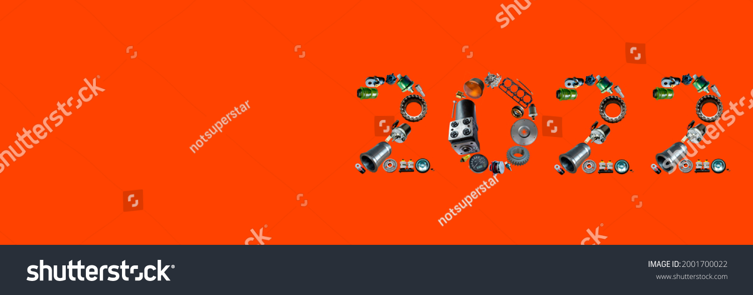 Number 2022 written with truck, tractors and car spare parts. New year concept for repair shop, workshop, diy isolated on red background. Banner. #2001700022