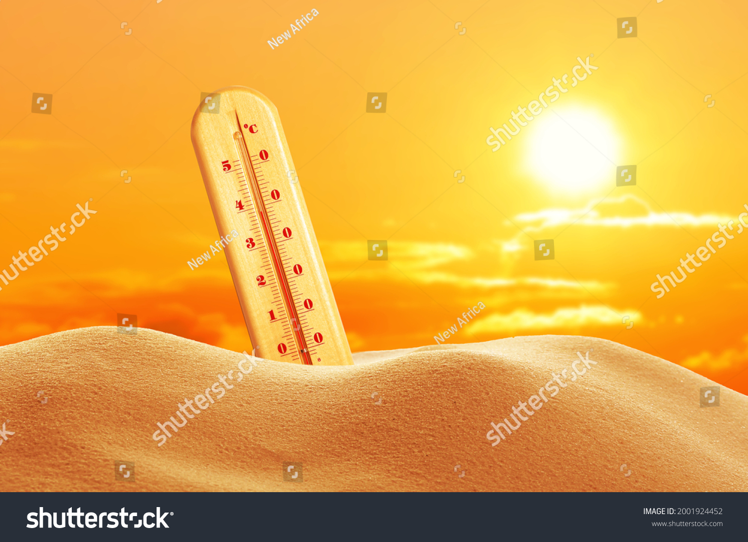 Weather thermometer with high temperature outdoors on hot sunny day. Heat stroke warning #2001924452