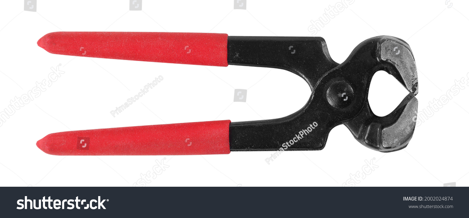 Tools - Top view closed carpenter's pincers with red handles isolated on a white background. #2002024874