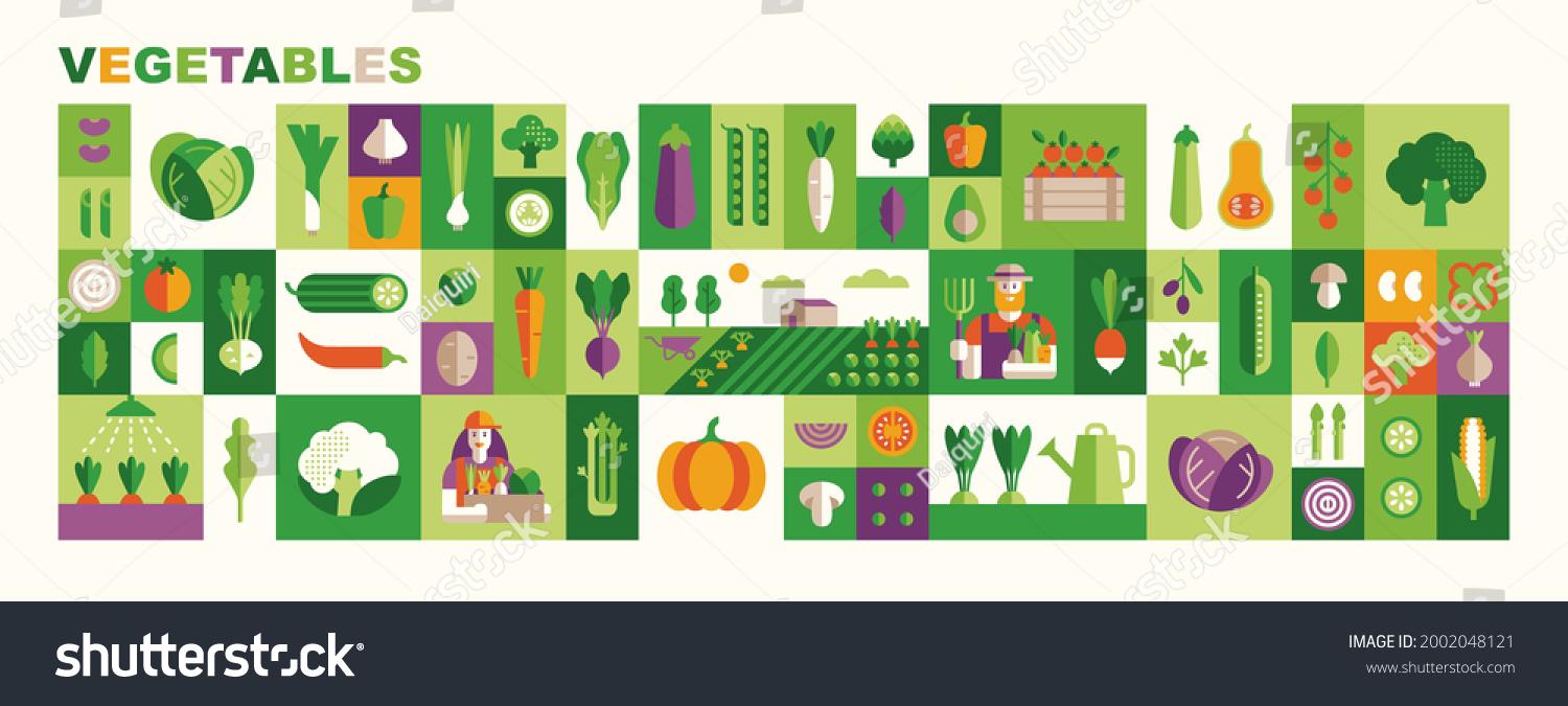 Set of vegetables illustrations: cabbage, broccoli, cucumber, tomato, zucchini, eggplant, carrot. Fresh healthy food. Vector icons in flat geometric style: veg, farmland, farmers and product boxes.  #2002048121
