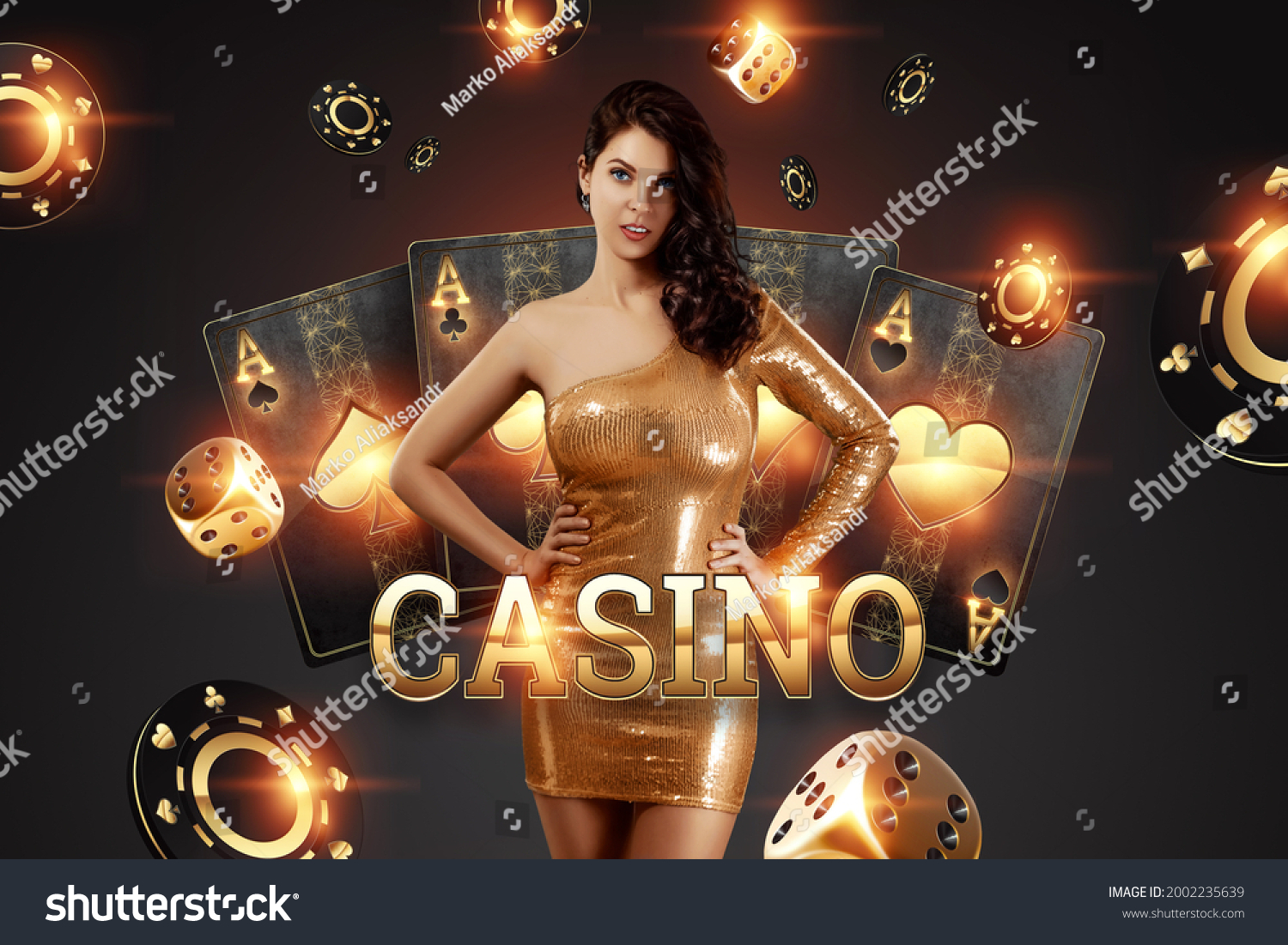Beautiful girl on the background of the golden casino atrebutics. Winning, casino advertising template, gambling, vegas games, betting #2002235639