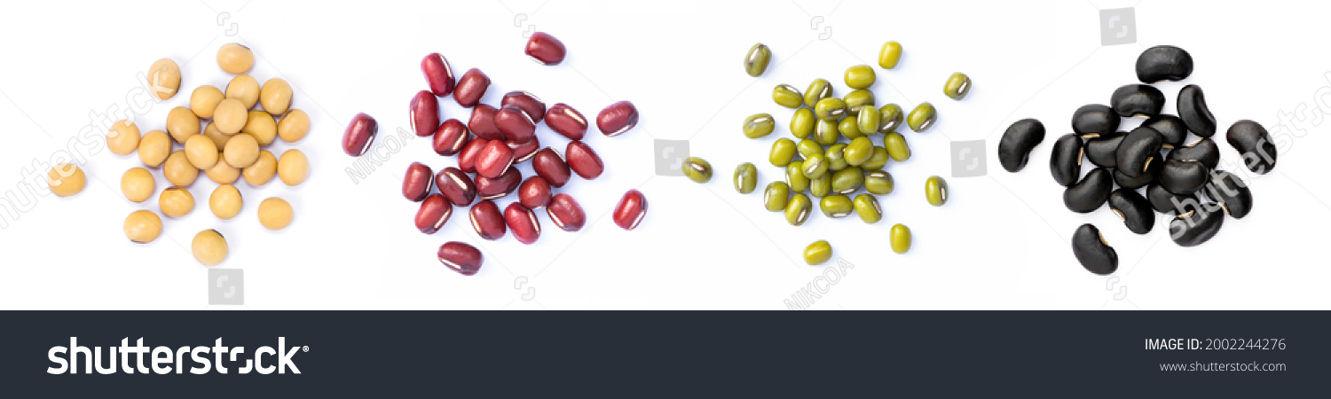 Collection of mix bean (soy beans, Adzuki bean, green mung, black bean) isolated on white background. Top view. Flat lay. #2002244276