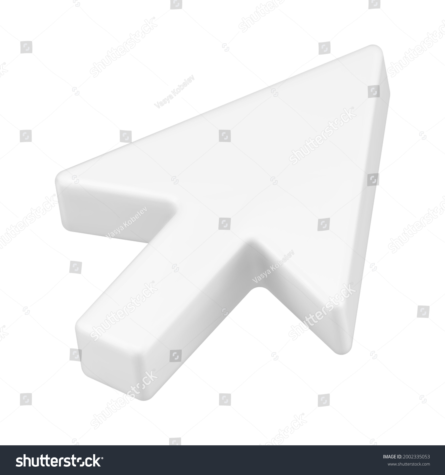White arrow pointer 3d realistic icon. Geometric mouse cursor for website. Realistic computer interface for choosing online actions. Corrector of right direction to goal. Vector illustration #2002335053
