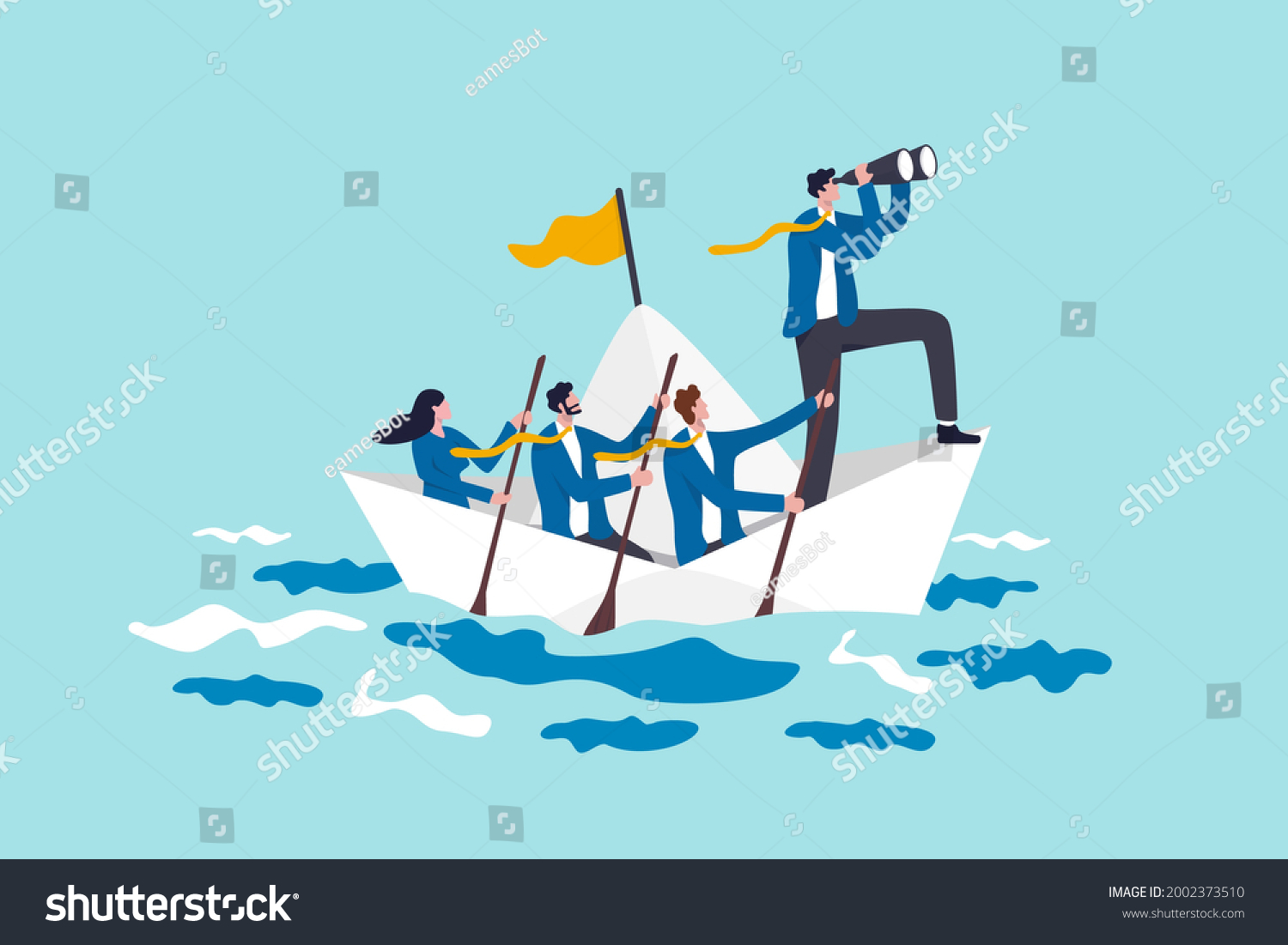 Leadership to lead business in crisis, teamwork or support to achieve target, vision or forward strategy for success concept, businessman leader with binoculars lead business team sailing origami ship #2002373510
