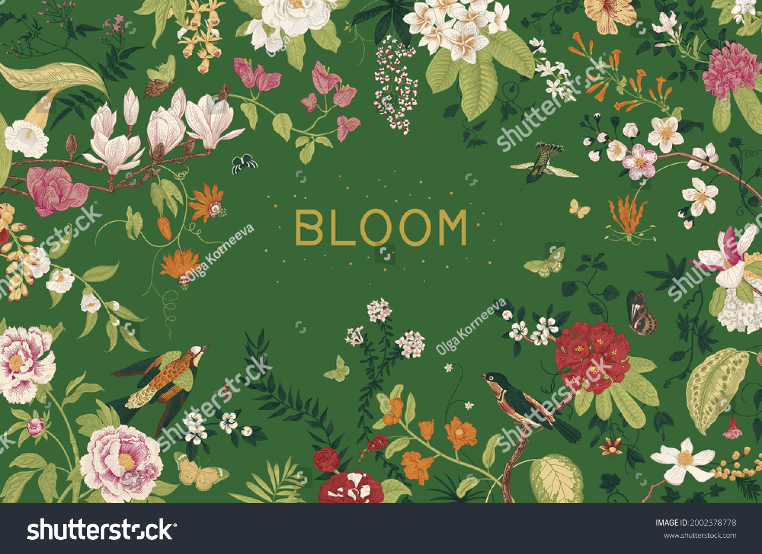 Greeting card. Bloom. Chinoiserie. Horizontal frame. Vintage floral illustration.  #2002378778