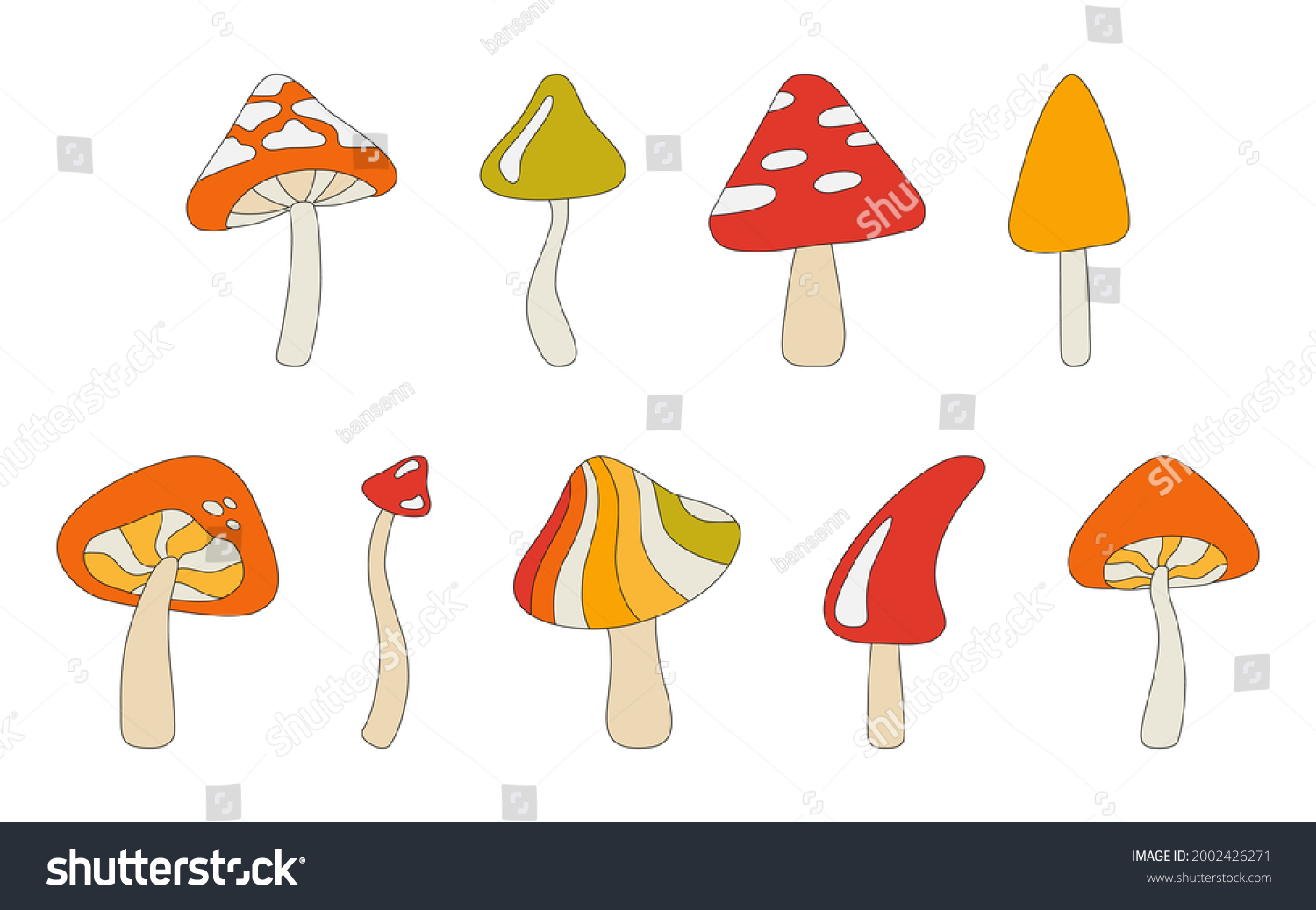 Set of mushrooms in the style of the 70s. Psychedelic abstract mushrooms, hippie style. Vector illustration isolated on a white background. #2002426271