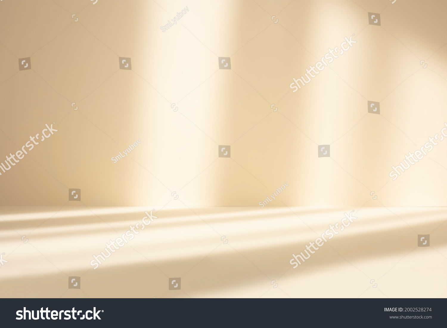 Abstract pastel yellow studio background for product presentation. Empty room with shadows of window. Display product with blurred backdrop. #2002528274