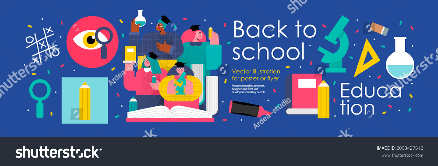 back to school and education. Vector illustration of schoolchildren and students in college and university with books, pencils, microscope and school objects. Drawings for poster, background or flyer #2003427512