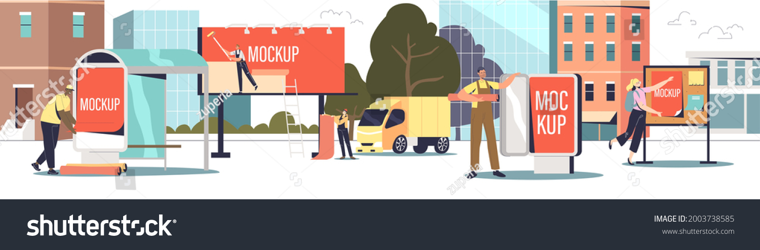 Outdoor advertisement installation: street advertising agency service worker installing posters for urban marketing on billboards, signboards and bus station. Cartoon flat vector illustration #2003738585