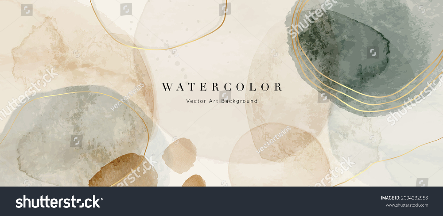 Watercolor art background vector. Wallpaper design with paint brush and gold line art. Earth tone blue, pink, ivory, beige watercolor Illustration for prints, wall art, cover and invitation cards. #2004232958