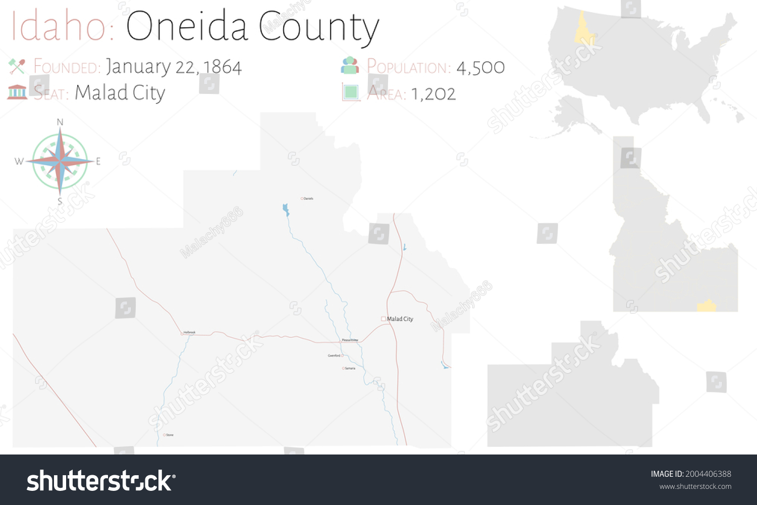 Large and detailed map of Oneida county in Idaho - Royalty Free Stock ...