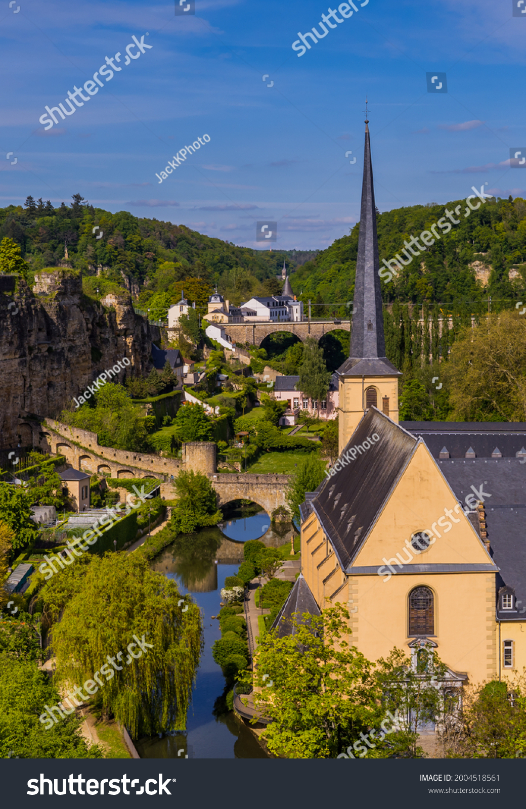 Aerial vertical view of Luxembourg-City lower town with park and Neumünster abbey #2004518561