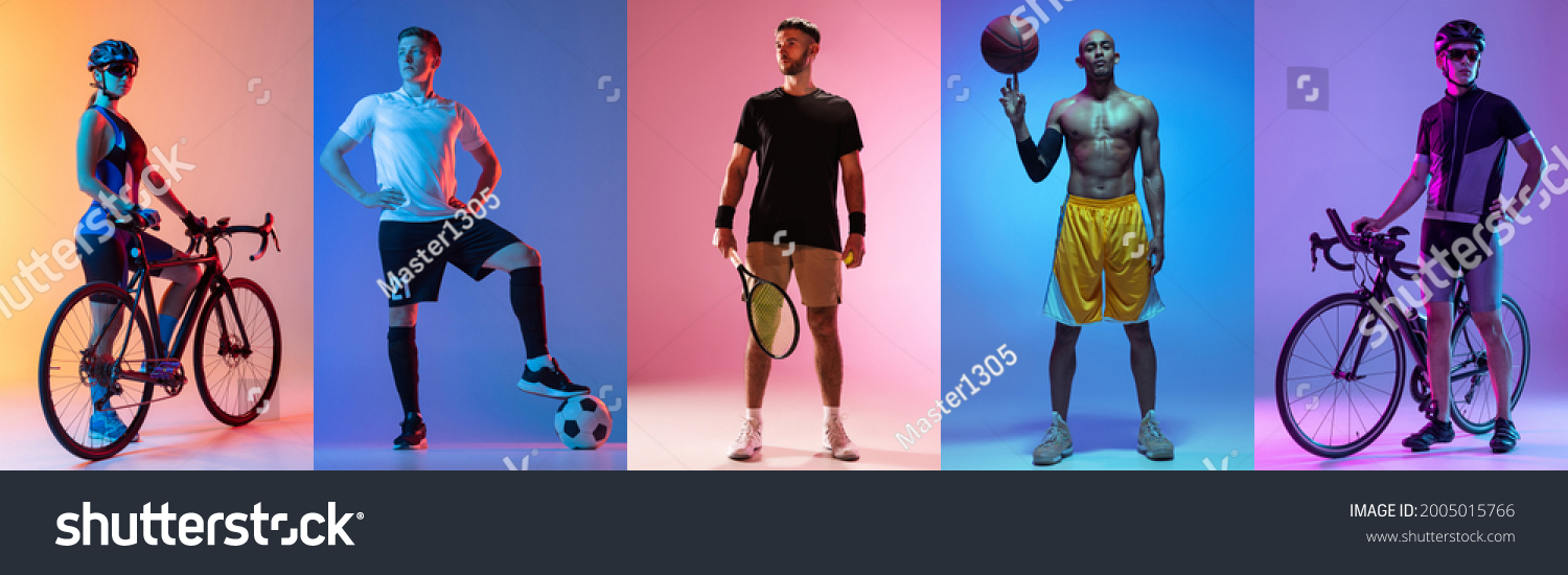 Soccer football, tennis, basketball and cycling. Collage of different professional sportsmen standing and posing at studio on multicolored background in neon. flyer for advertising. #2005015766