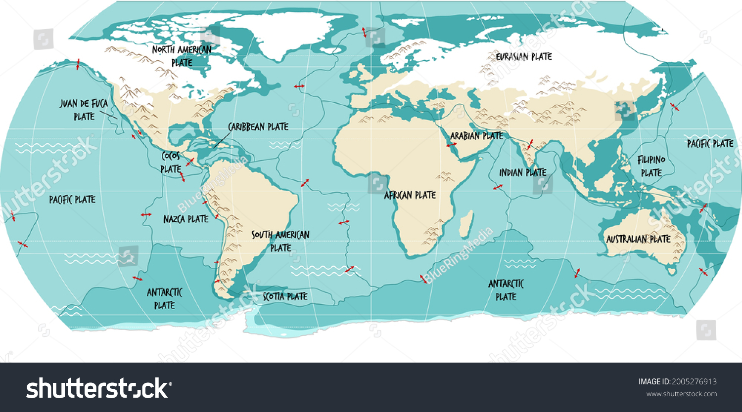 World Map Showing Tectonic Plates Boundaries - Royalty Free Stock ...