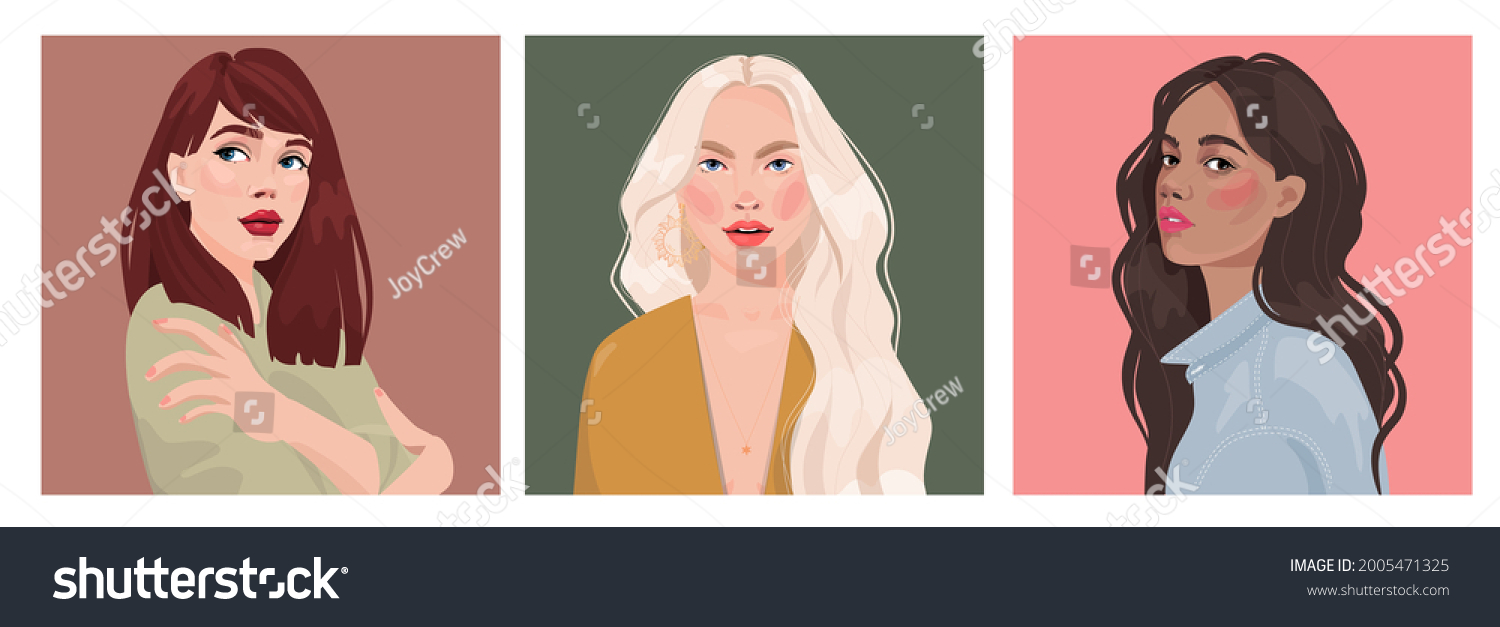 Set of portraits of women of different gender and age. Diversity. Vector flat illustration. Avatar for a social network.  Vector flat illustration #2005471325