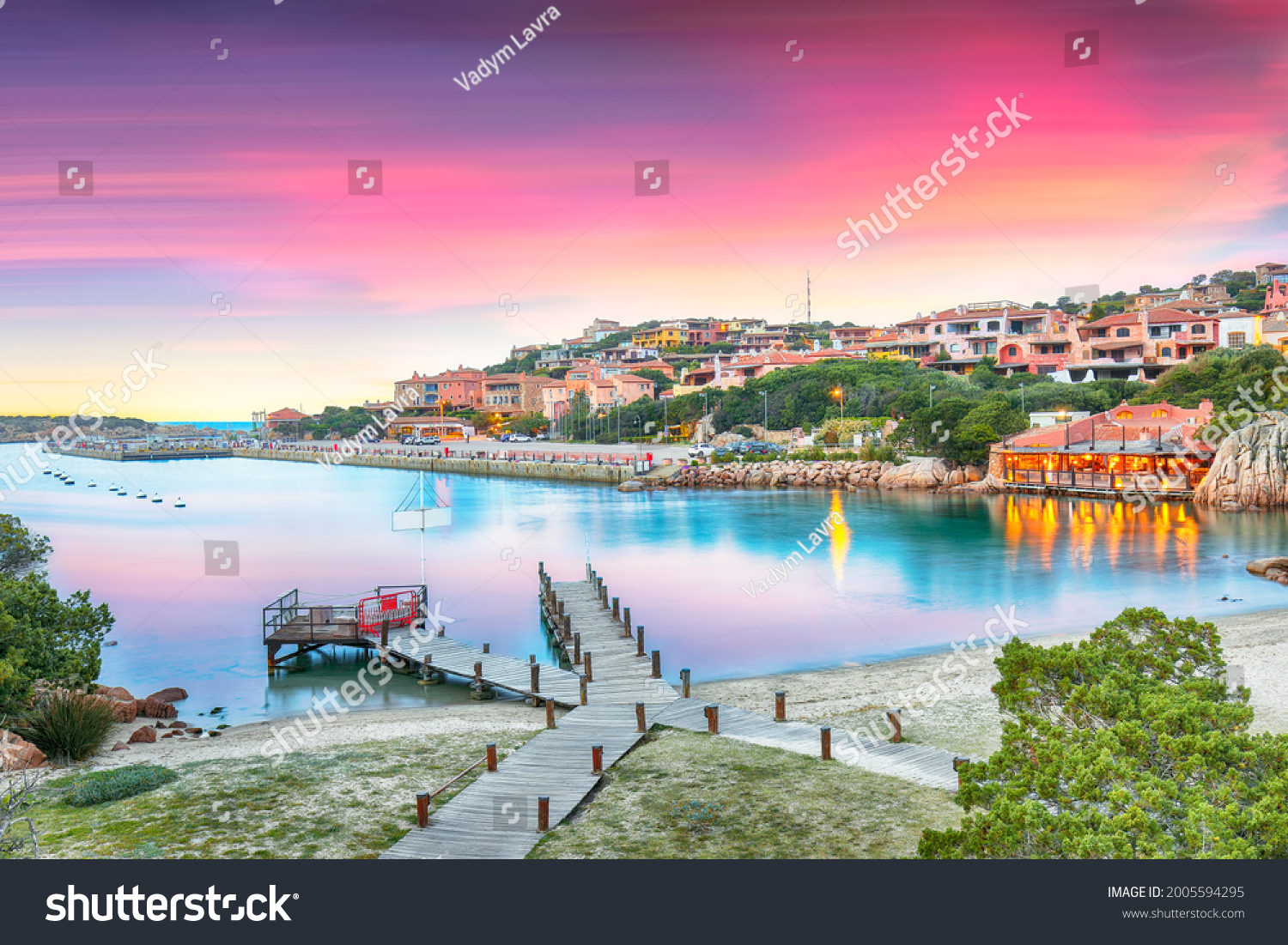 Astonishing view of Porto Cervo at sunset. Popular tourist destination of Mediterranean sea. Location: Arzachena, Province of Sassari, Sardinia, Italy, Europe #2005594295