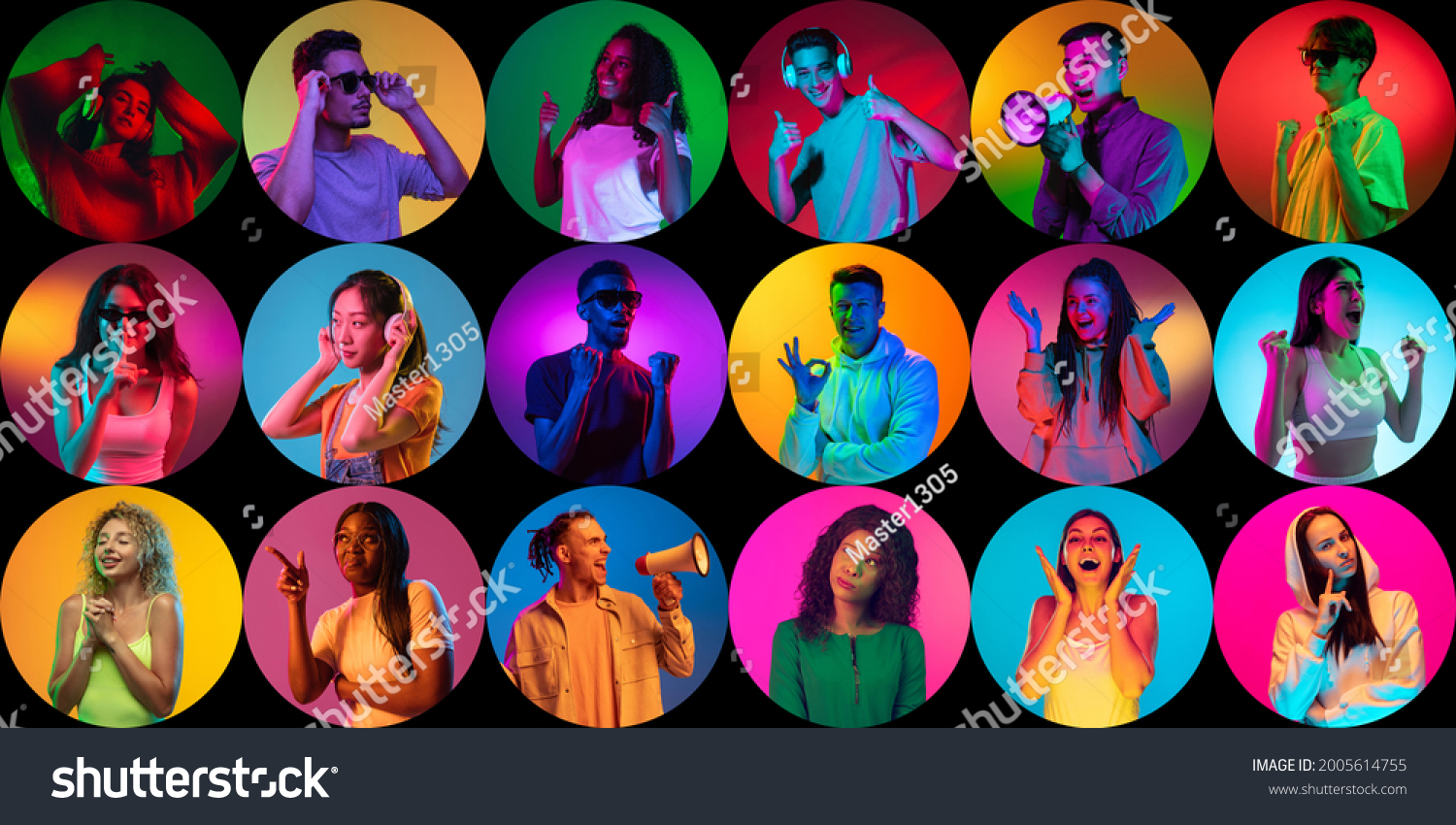 Photos in a round frame. Portraits of different people on multicolored background in neon light. Flyer, collage made of models. Concept of emotions, facial expression, sales, advertising. #2005614755